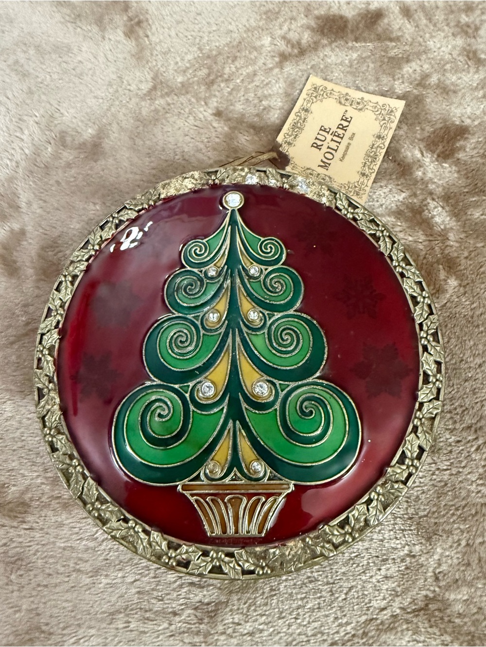 Red Christmas Tree Enamel Hinged Trinket Box W/ Top Mirror